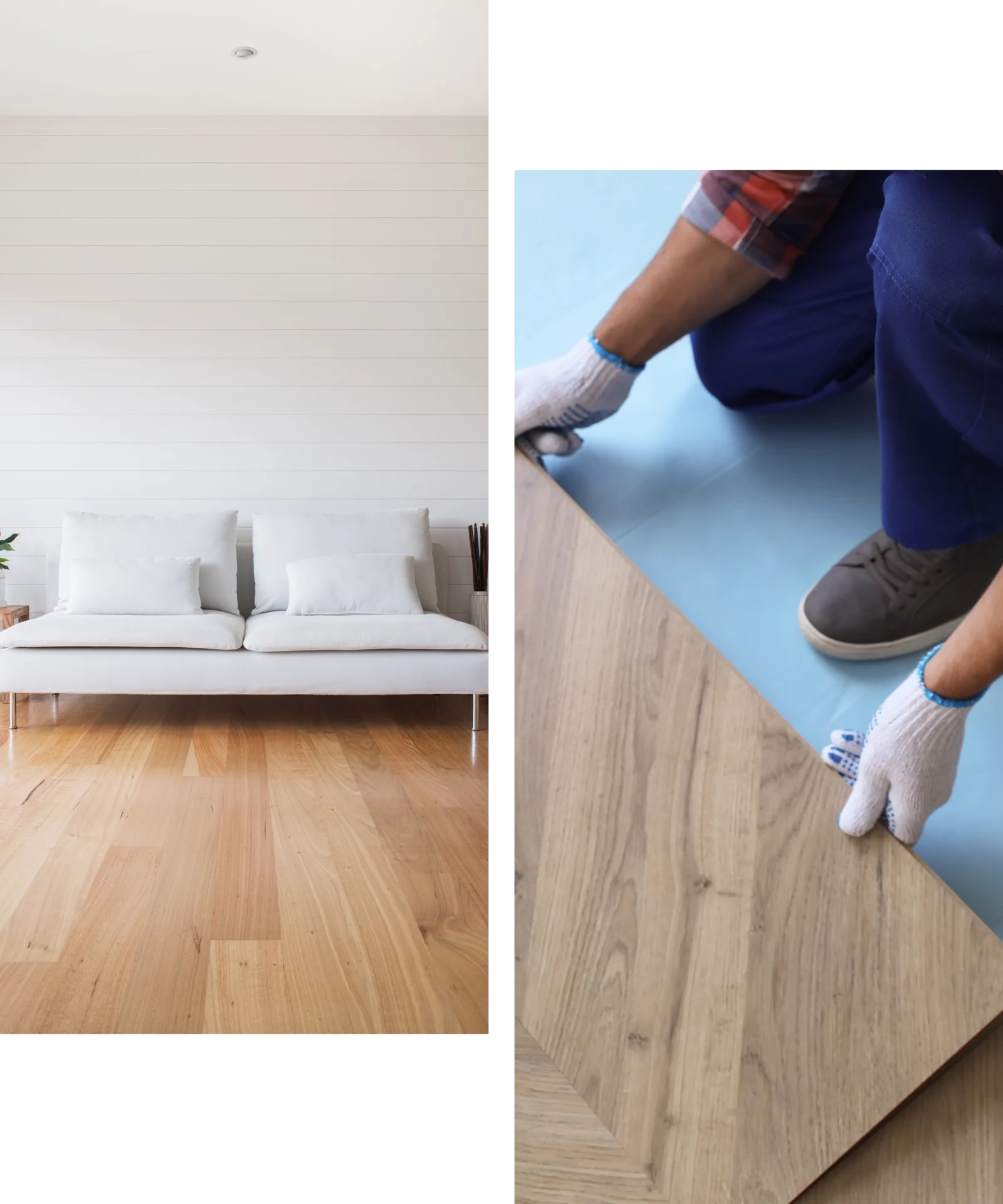 Living room and flooring installation process.