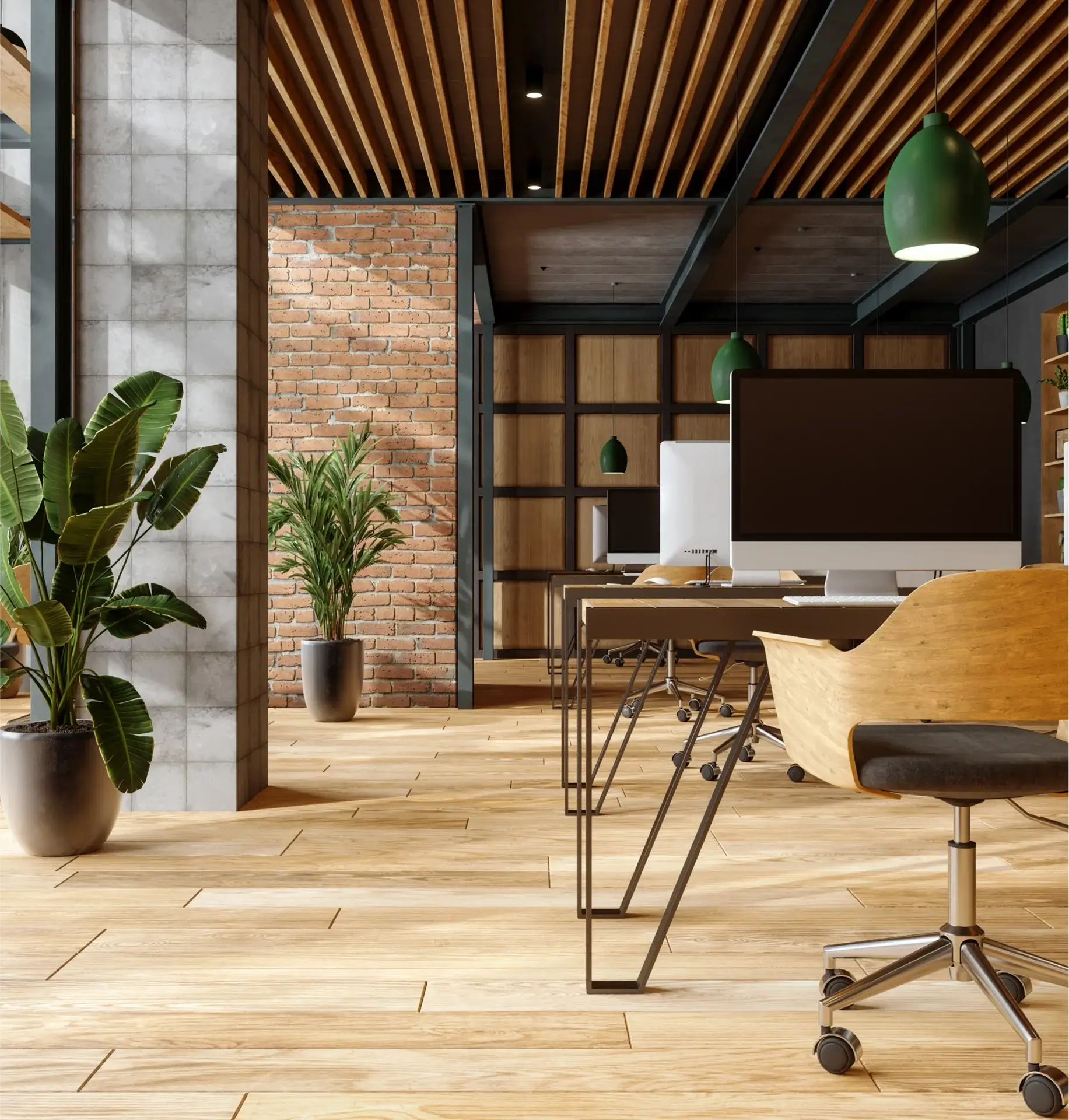 Modern office space with wooden decor.