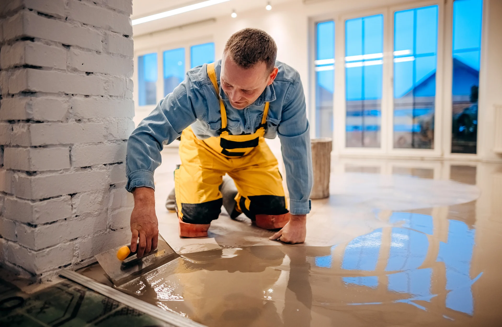 Worker smoothing concrete floor near wall.