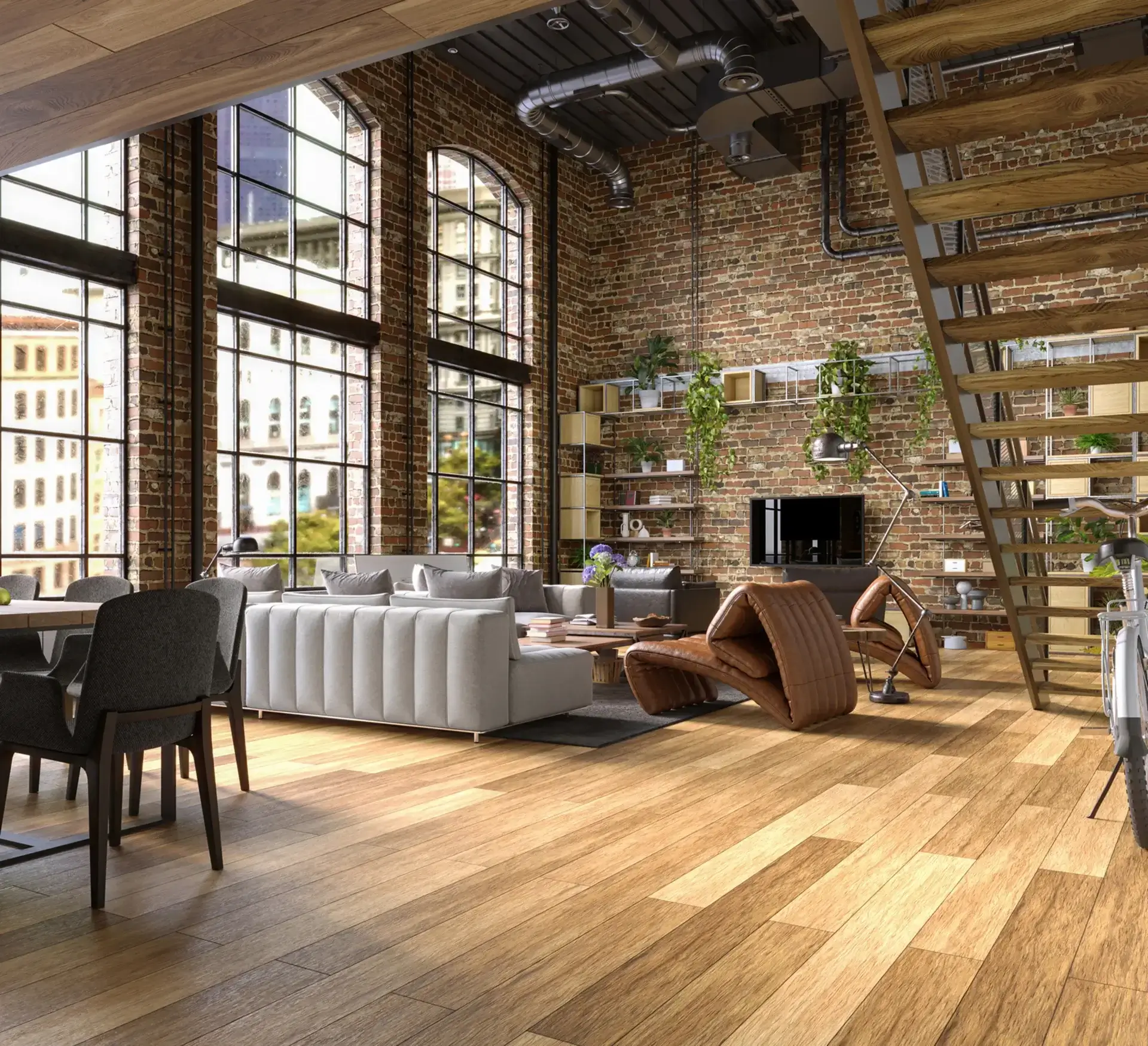 Loft interior with staircase and large windows.
